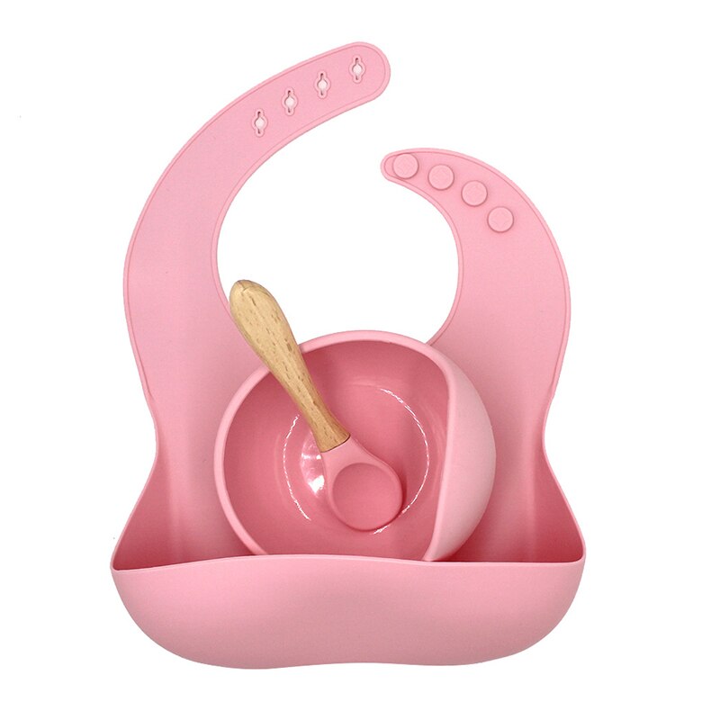 Bpa Gratis Baby Siliconen Servies Waterdichte Bib Flexibele Speeksel Handdoek Effen Kleur Sucker Kom En Lepel Voor Childre: Roze