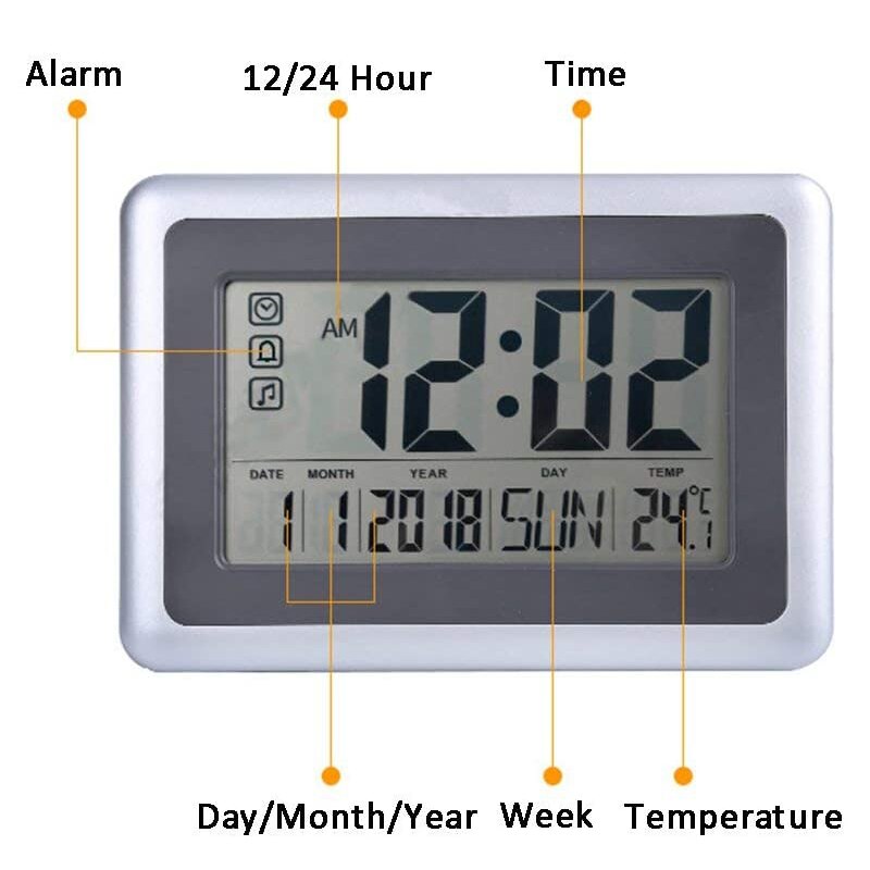 Atomic Wall Desk Clock Large Display with Indoor Outdoor Temperature Date Calendar Digital Alarm Clock Battery Operated for Room