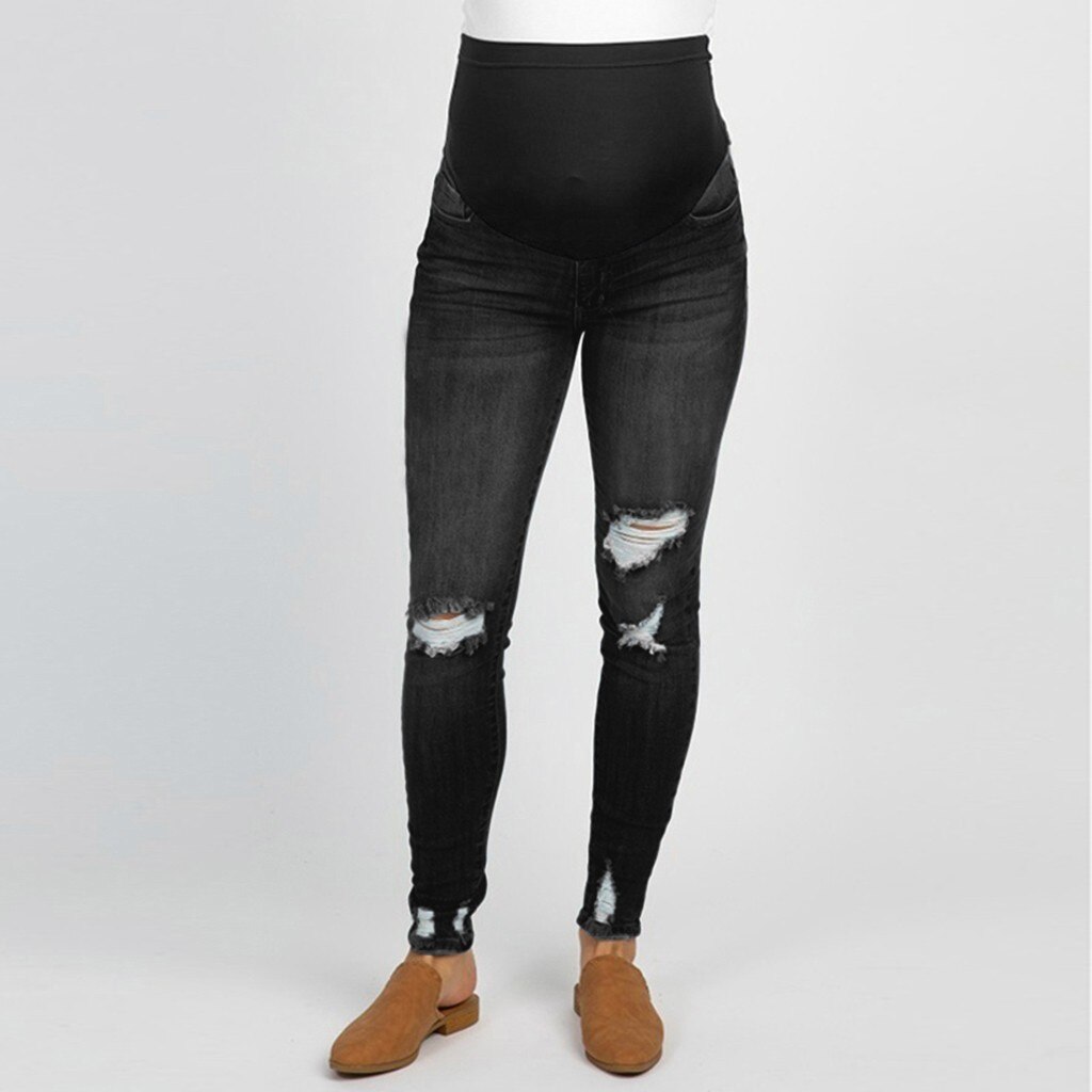 ARLONEET Pregnant Women Belts Waist stretch pants Ripped Jeans Maternity Pants Trousers denim Prop Support Belly Legging CN06: BK / L