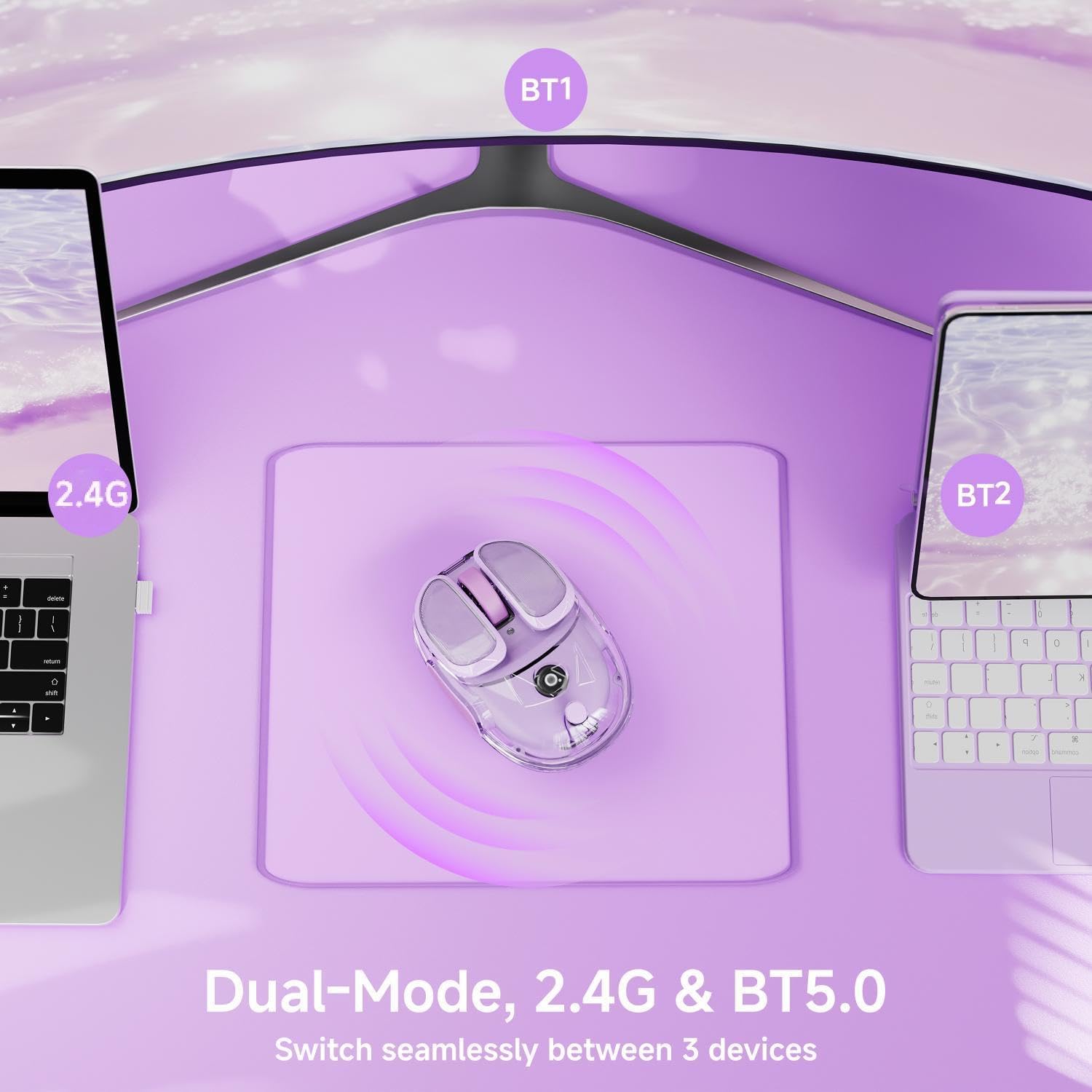 Kabellose Transparente Maus Dual-Modus Bluetooth 5.0 + 2,4G USB RGB Silent Click Gaming-Maus für MacBook iPad Laptop PC Büro Gamer