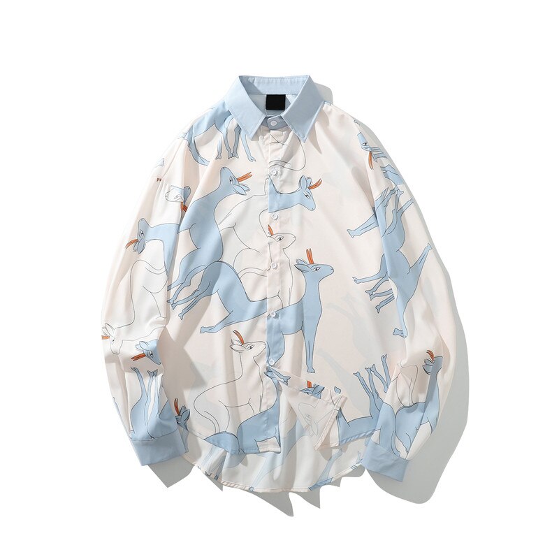 Hirsche drucken Kleid Hemden Männer Hüfte hüpfen Streetwear lässig Langarm Hemd Spitzen Hipster Hemd: XXL