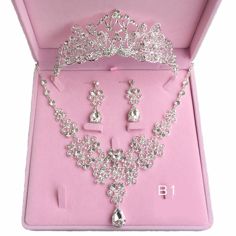 Noble cristal colar headdress brincos de três peças jóias de noiva princesa coroa headdress casamento festa de aniversário jóias: Style1