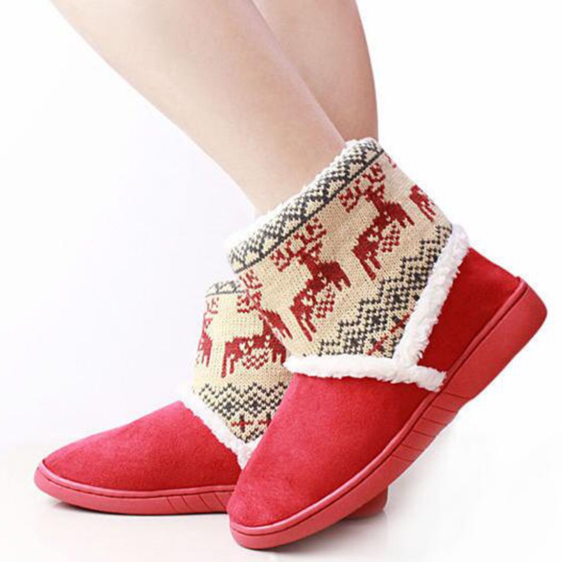 Botas de nieve de invierno con estampado de ciervo, botines gruesos de alce para mujer, par de botas de felpa, botas cortas para interiores con forro de piel
