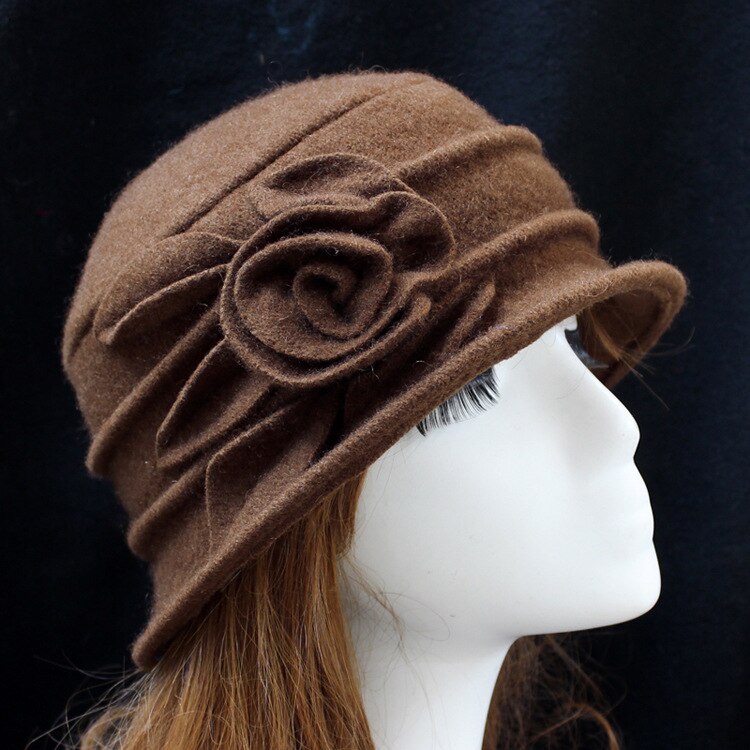 Women Flower Cloche Hat Soft Warm 100% Wool Rose Leaves Nostalgia Style Winter Vintage Felt Wide Brim Hats: Coffee
