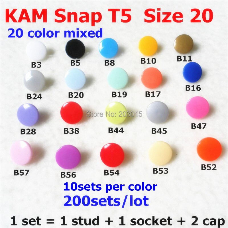 Chenkai 200Sets T5 Size 20 Kam Plastic Hars Snaps Knoppen Fasterners Voor Diy Kleding Naaien Ambachtelijke Doek Bib Luier (20 Kleur)