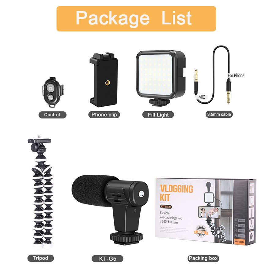 Jumpflash Vlog Selfie Flexible Tripod with Remote Control Microphone LED Light Holder for Smartphone & Motion Camera Tripod