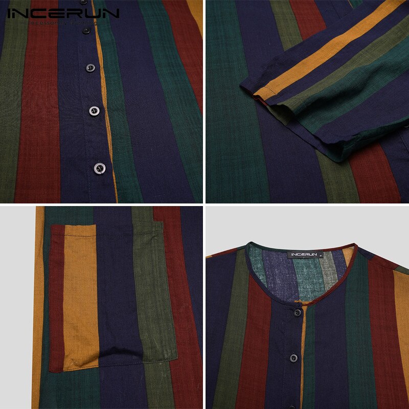 Incerun män etnisk mantel vintage randig långärmad muslim kaftan mantel o hals knappar jubba thobe fickor dubai arabiska kläder