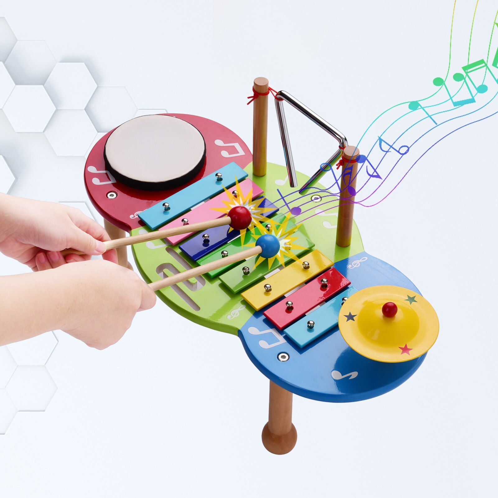 Muslady Kids Percussion Set Percussion Drum + Iron Cymbal + Xylophone + Triangle Set Colorful Table Musical Instrument