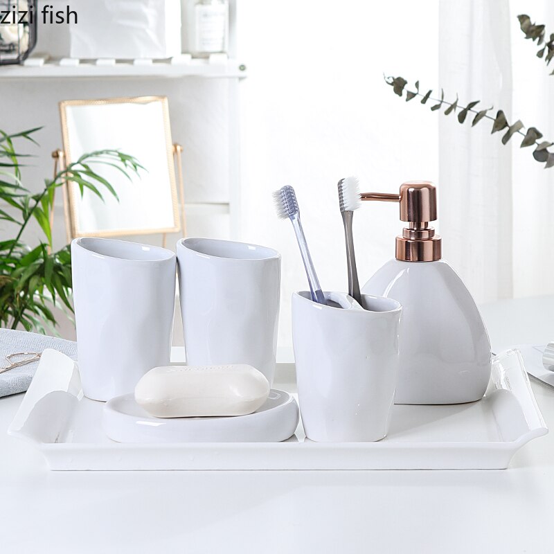 White Ceramic Bathroom Set Press Emulsion Dispenser Container Toothbrush Holder Soap Bathroom Set Bathroom Decoration