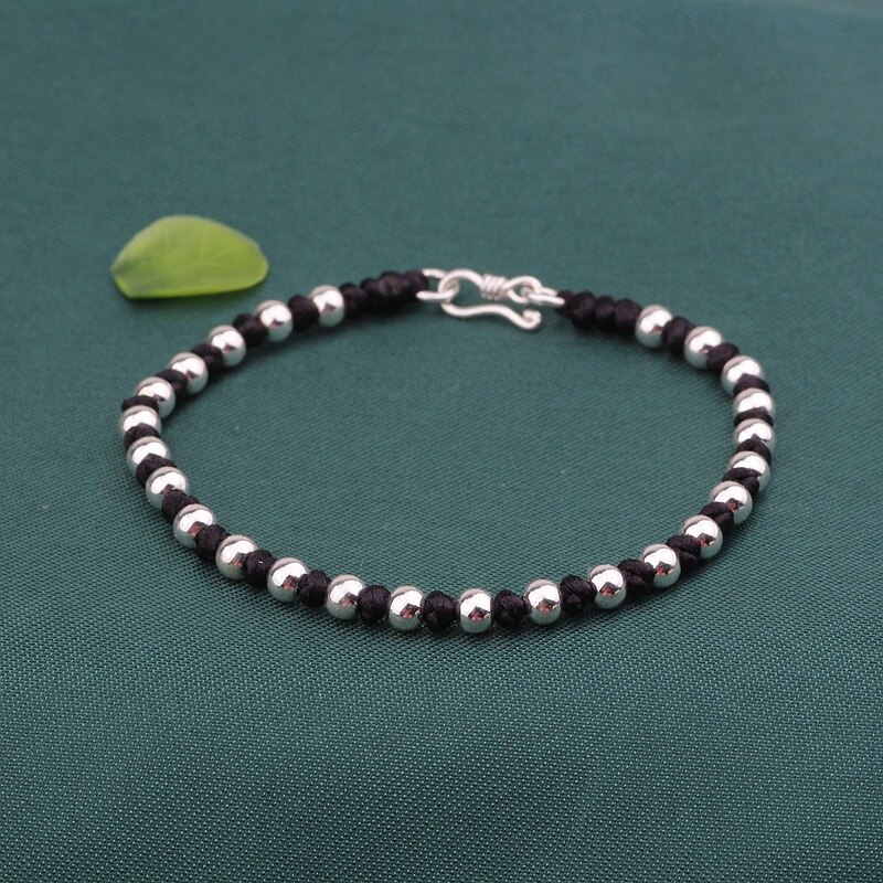 Cuerda de pulsera negra de cuentas de color plata de ley 925 hecha a mano, cuerda trenzada de la amistad, pulsera de la suerte para mujeres, hombres y parejas