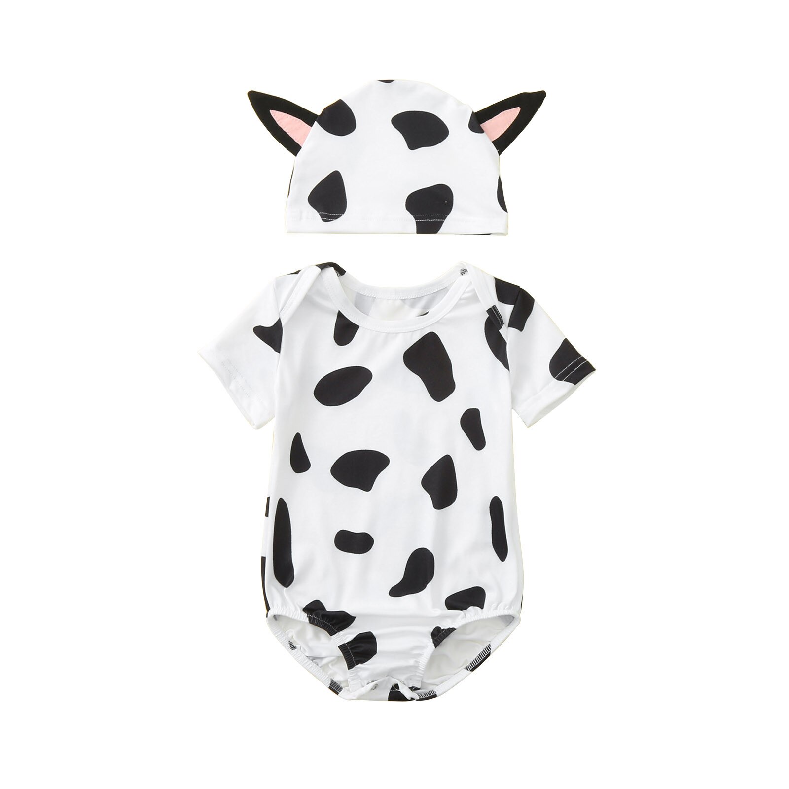 Zomer Baby Baby Boy Meisje Korte Mouw Leuke Bodysuits Cartoon Melkkoe Gedrukt Romper Bodysuit + Hoed Комбинезон Для Малышей: 3-6 Months