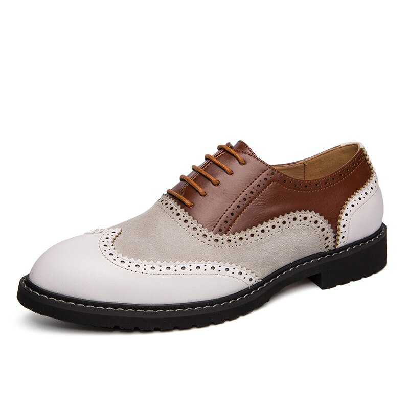 Wit Bruin Italiaanse Stijl Mannen Formele Lederen Schoen Gentleman Rokkostuum Schoenen Wing Tip Volledige Brogue Wedding Party oxfords: White Brown / 46