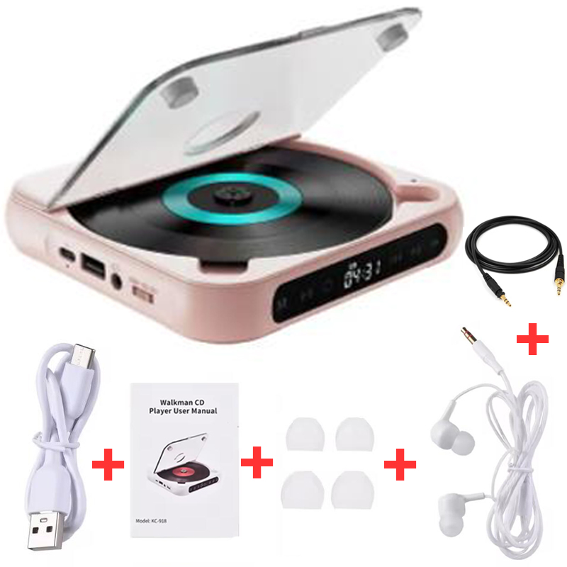 Reprodutor de cd compatível com bluetooth, tela lcd, reprodutor de cd para carro, repetição de bateria de 1200 mah, amigo, família, estudante, portátil, dvd player: Rosa