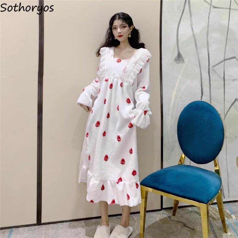 Nachthemden Vrouwen Kant Patchwork Vierkante Kraag Zoete Elegante Prinses Losse Lange Gedrukt Leuke Vintage Chic Simple Flare Mouw