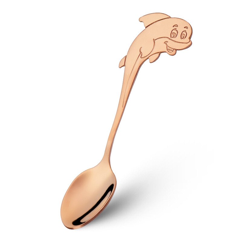 Cute cartoon colorful stainless steel spoon children cartoon dolphin spoon Dessert coffee milk tea small spoon: Rose Gold