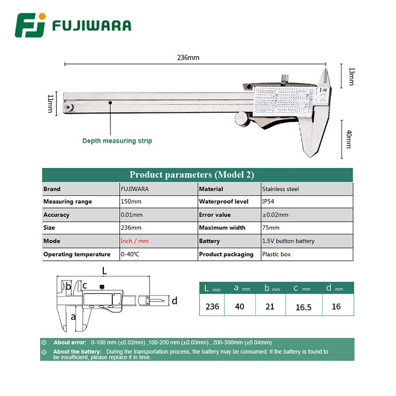 Fujiwara-paquímetro digital ip54 de aço inoxidável, calibre vernier eletrônico com tela lcd de 0-150mm/visual, 0-mm