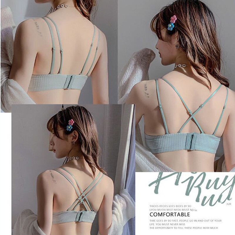 Wire Free Bra Women Push Up Sexy Underwear Girls Cute Bow Plaid Cross Fold Backless Bras Onepiece Brassiere