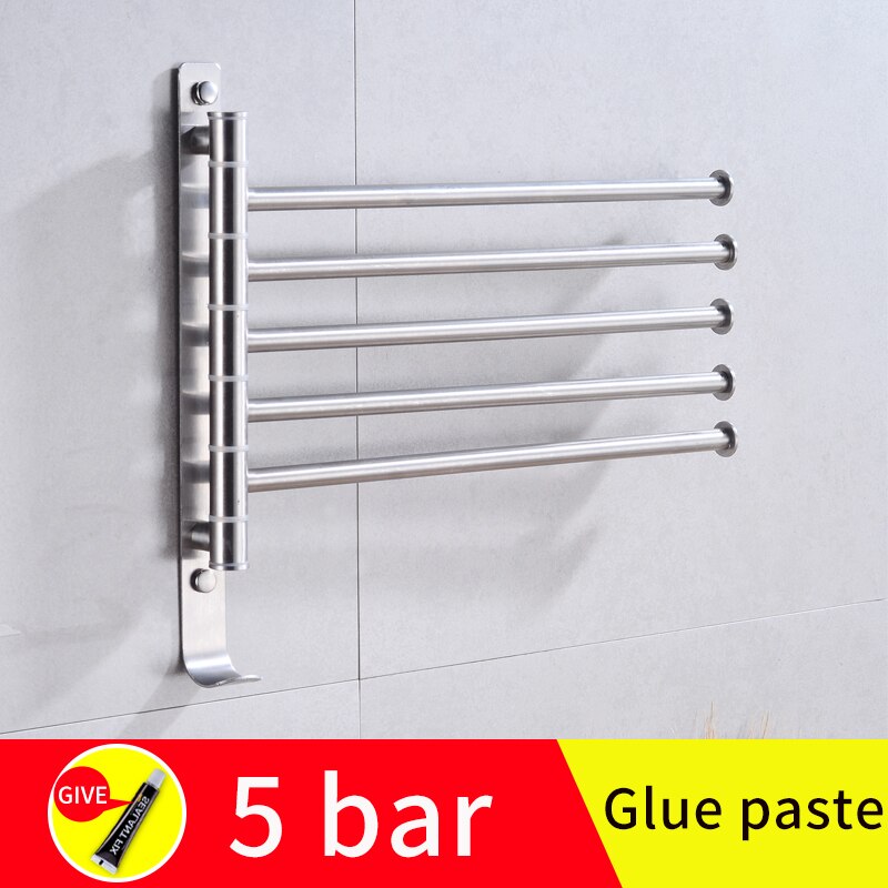bathroom towel bar stainless steel hanging holder wall mounted glue paste rotating double towel holder rail hanger with hook: B-5bar(glue paste)