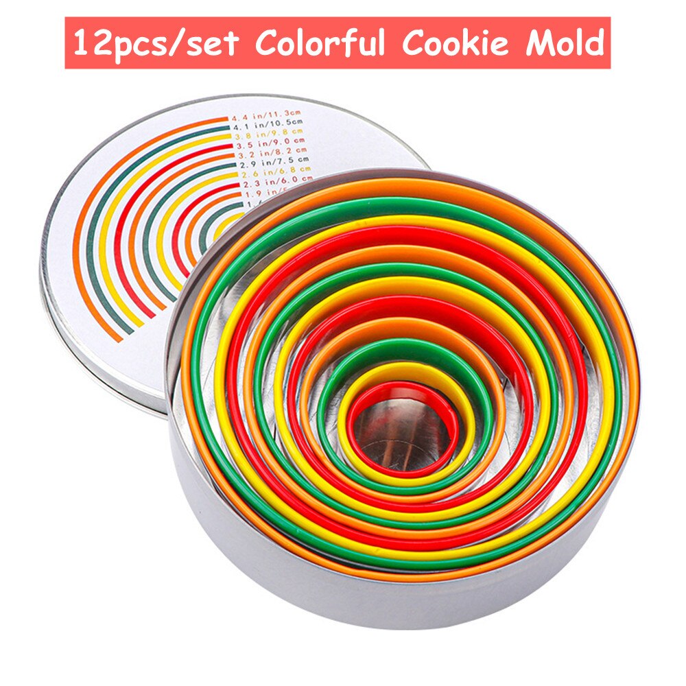 Set Of 12 Round Cookie Cutter Circle Biscuits Cutters With Storage Tin For Dough Pastry Donut Fondant Kitchen Accessories: Colorful