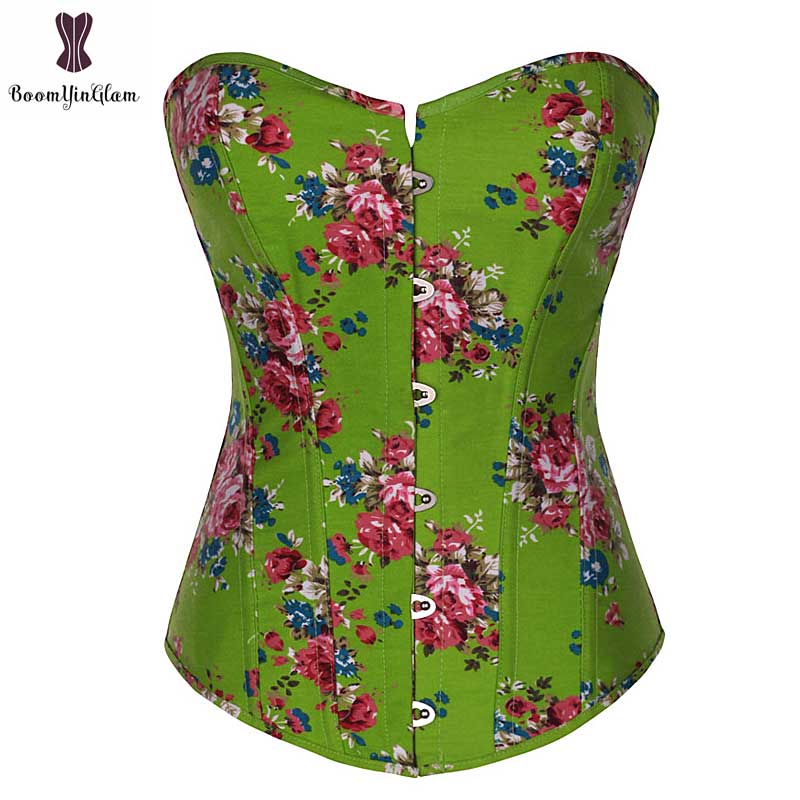 Lolita-prendas de vestir de primavera y verano, corsé Overbust con estampado de flores y cierre de hebilla frontal, corpiño verde y rosa, Corset de buena: Verde / XL