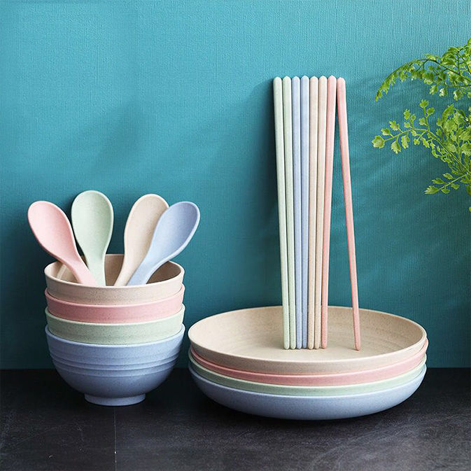 4 stuks effen plastic bord rond vaisselle servies serviesset borden en schalen eetstokjes keuken eetkamer kinderbord