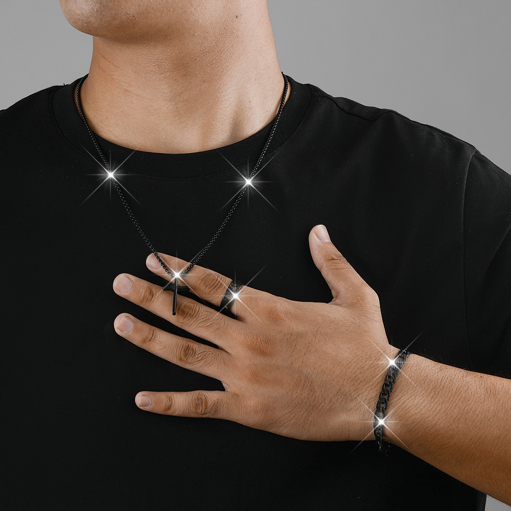 3 piezas hombres personalidad Simple negro acero inoxidable no se decolora Cruz collar anillo pulsera conjunto Accesorios: Pistola negra plateada