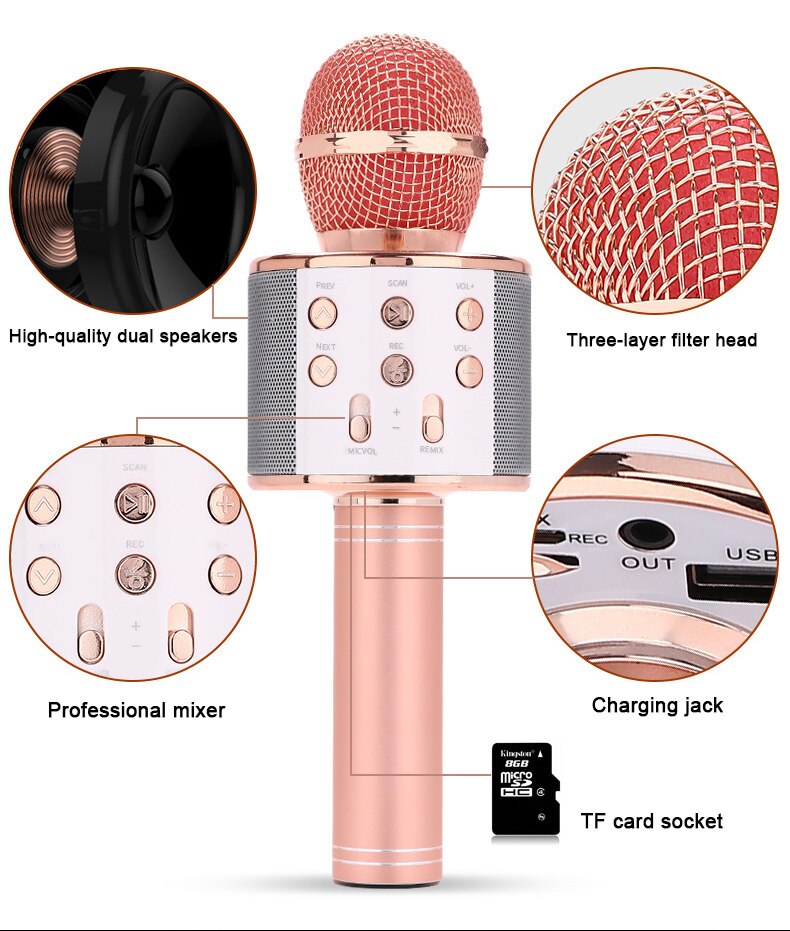 WS 858 Microphone sans fil Bluetooth USB condensateur karaoké micro support Radio haut-parleur Mikrofon studio enregistrement Ws858