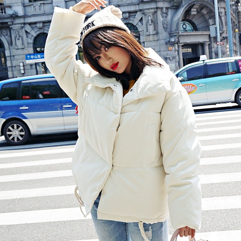 Vinterjacka i koreansk stil dam ståkrage solid svart vit kvinnlig dunjacka lös överdimensionerad kort parkas dam: Beige / S