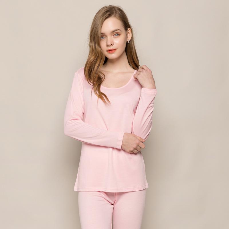 Autumn and Winter Thickened 30% Silk 70% Wool Thermal Underwear Suit Female Silk Knitted Bottom-knitted Autumn Clothes and Trou: Pink / L