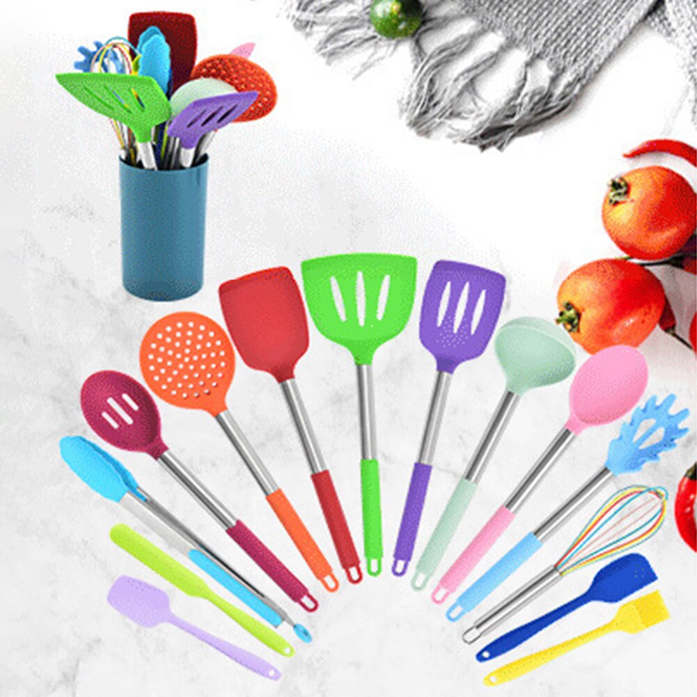 15pcs Soup Spoon Cooking Utensil Set Non Stick Home Kitchen Spatula Heat Resistant With Storage Barrel Scratch Proof Restaurant