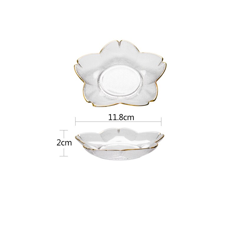 Tallerken med glasblomster, gylden kantplade, japansk kirsebærblomst lyserød glassmagsskål, underkop, snack, dessertskål: 3