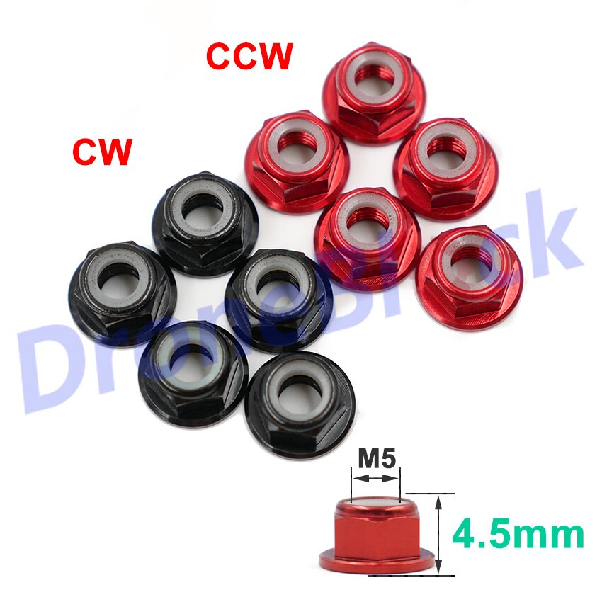 10 stk  m5 aluminiumsflens nylonmutter lavprofil cw ccw anti-løs innsatslås til 2204 2205 2206 børsteløs motor rc qav 250 210: 4.5mm cwx 5 ccwx 5