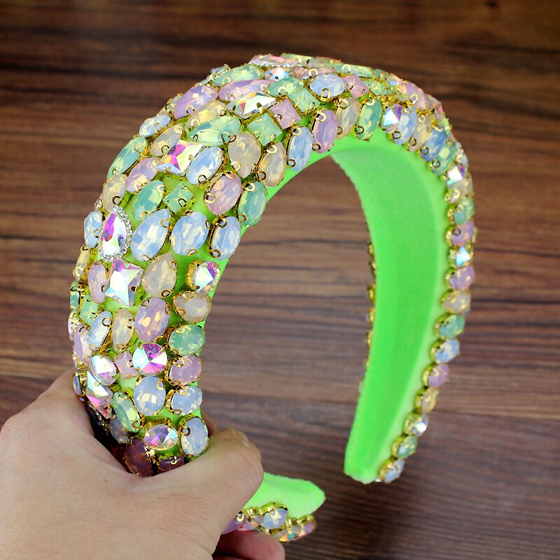 Boho Pieno Splendido Diamante Imbottito Barocco Fasce di Cristallo di Lusso Hairbands Per Le Donne Del Rhinestone Tiara Bling Accessori Per Capelli: candy green