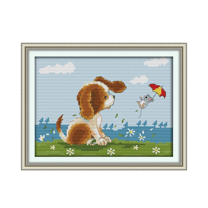 Perro hecho a mano DIY bordado punto de cruz impresión tela bordada perro animal patrón DMC hilo de bordar pintura colgante: Gris claro / 14CT