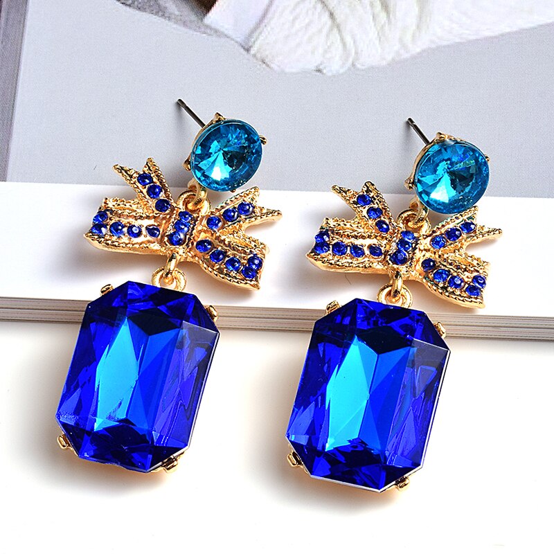 Hoge Metalen Kristallen Lange Oorbellen Mode Trend Kleurrijke Steentjes Sieraden Accessoires Voor Vrouwen: Blue
