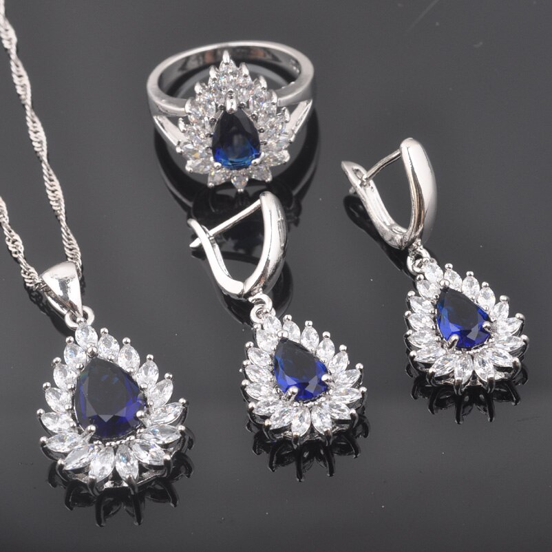 Ensembles de bijoux en forme de goutte d'eau couleur argent pour femmes ensemble de boucles d'oreilles et collier en zircone bleu QZ0394