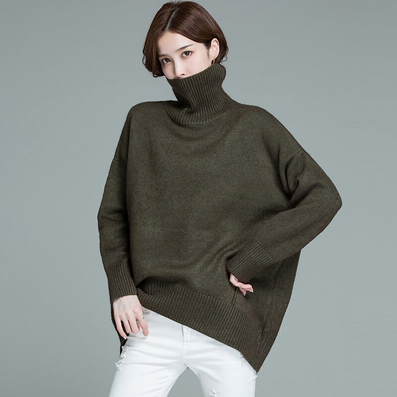 Turtleneck tröja dam löst ytterkläder mellanlång lata stil dam vinter tjock stickad bottenskjorta: Grön / L