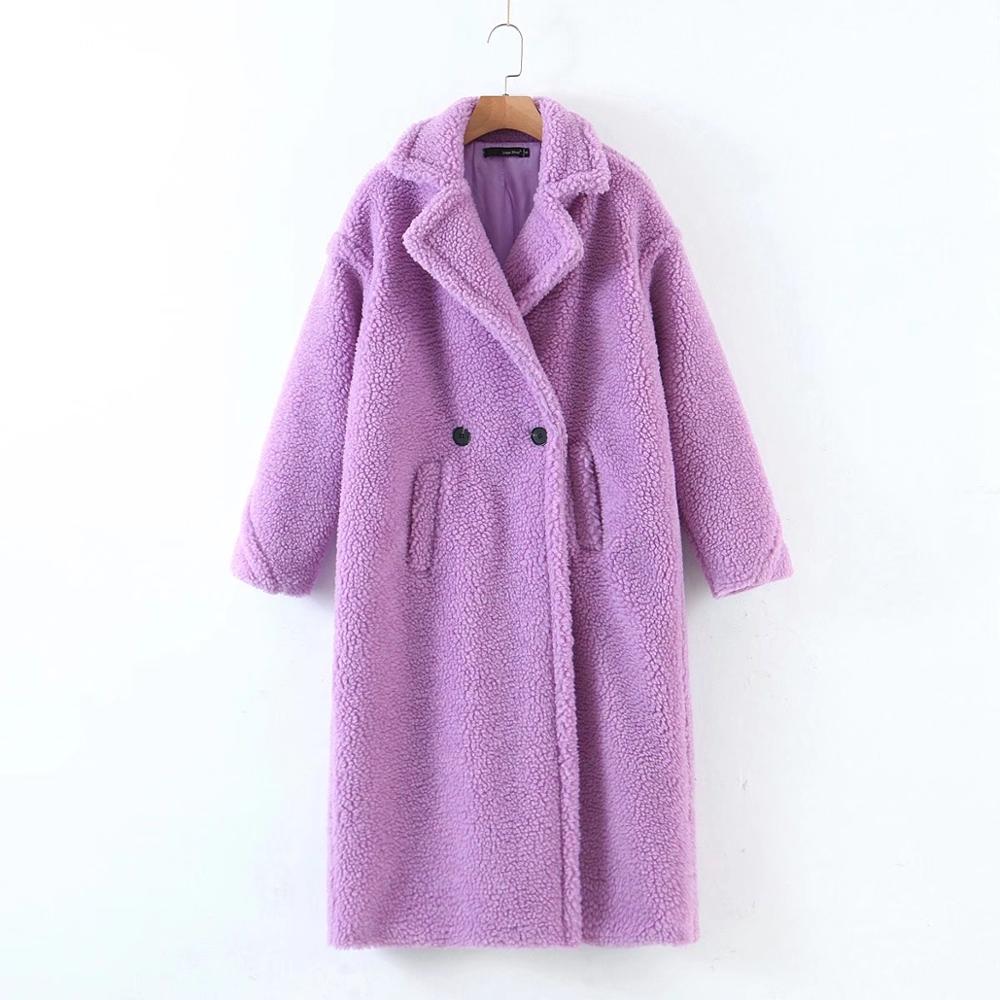 Abrigo largo de piel sintética con cuello con muescas para mujer, Chaqueta larga mullida de borreguito, ropa para mantener el calor, color púrpura, para invierno: Morado / S