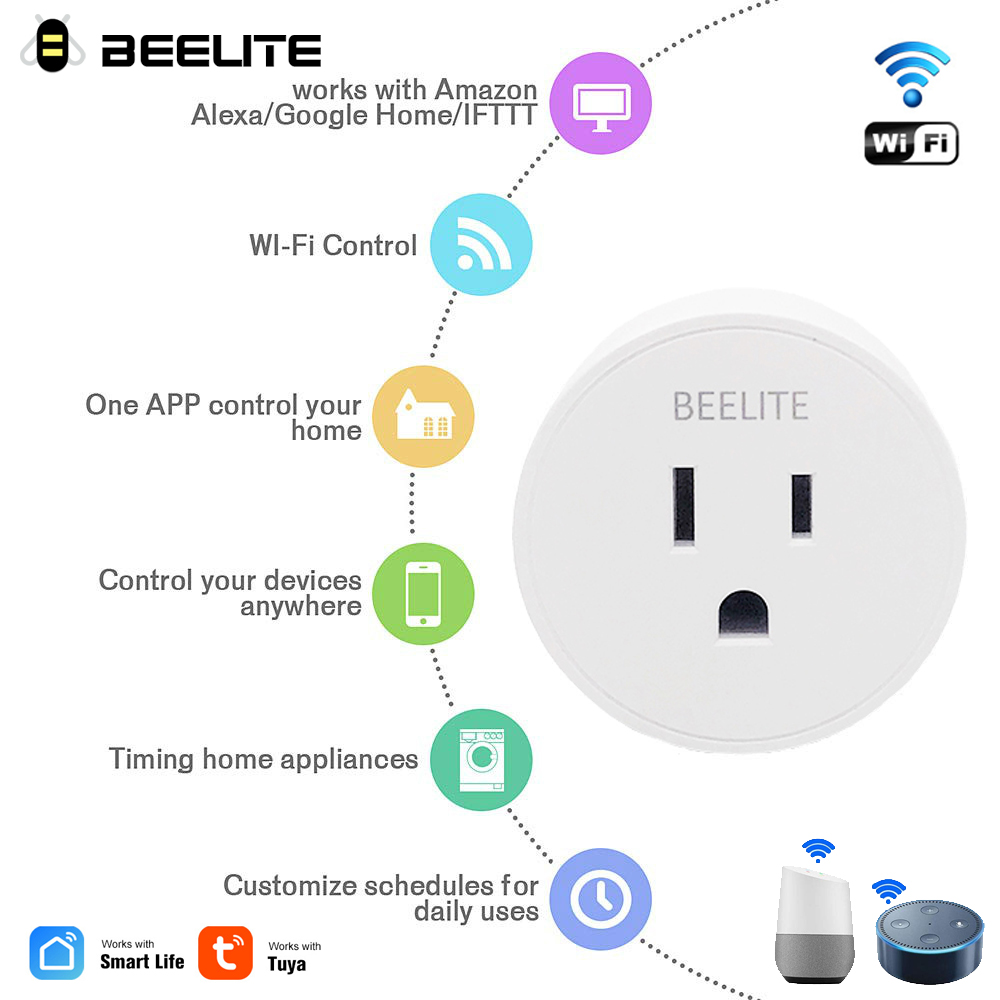 Beelite smart støpsel  oss 10a wifi stikkontakt alexa støpsel tidtaker støpsel fjernkontroll stikkontakt smart liv app tuya smart hjem alexa google assistent