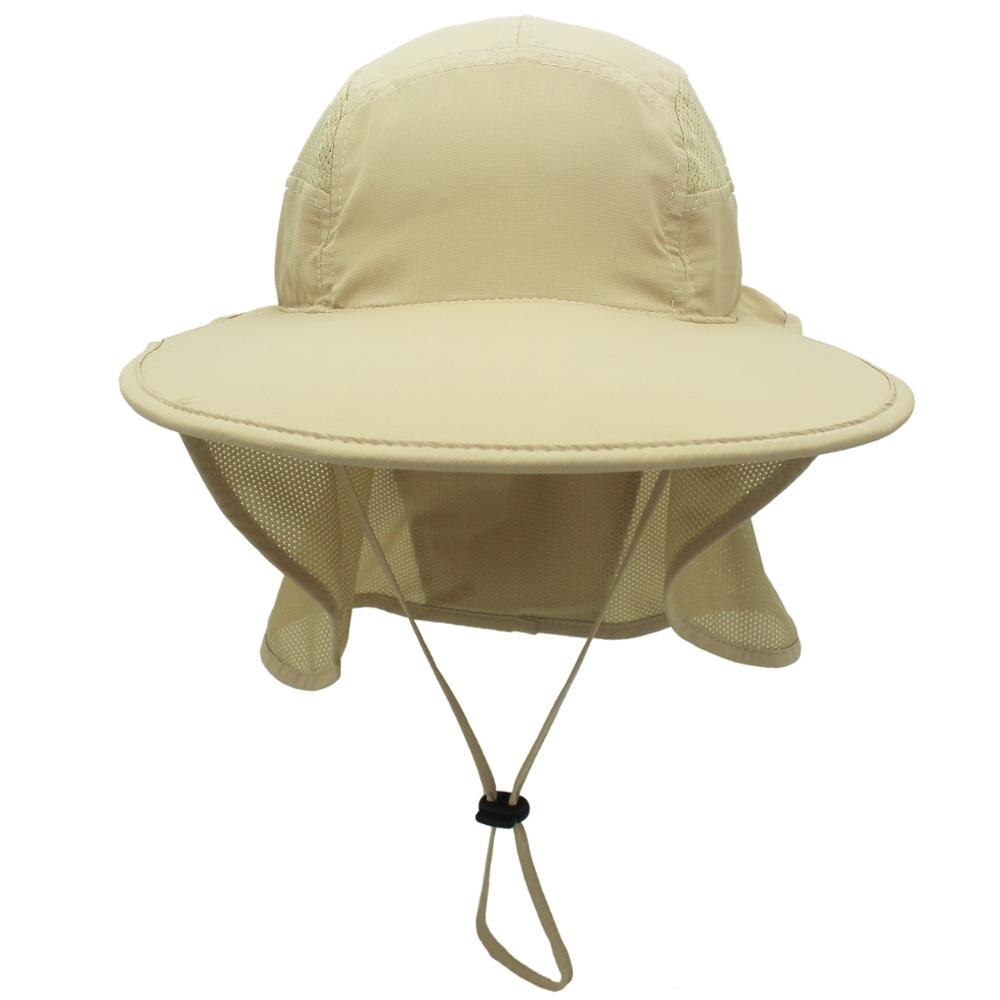 Outfly bredbredt solhat til mænd og kvinder om sommeren polyester hurtigtørrende hat bjergfiskeri spand hatte med nakkebeskyttelse: Khaki