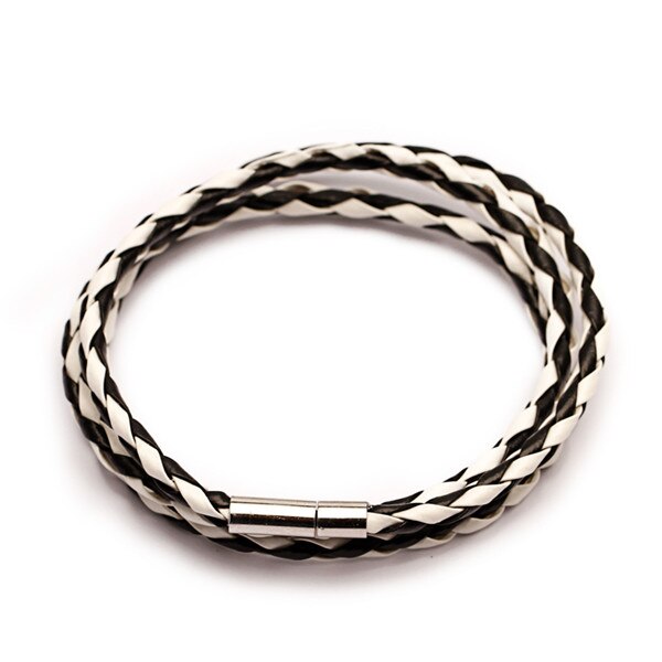 Pulsera trenzada de cuero sintético de tres capas para hombre y mujer, joyería, cierres de cuero multicapa, Charm: Black White