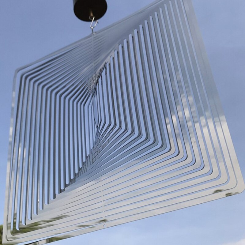 3D Hanging Wind Spinner Stainless Steel Metal Sculptures Silver Water Droplet Square Indoor and Outdoor Flowing-Light