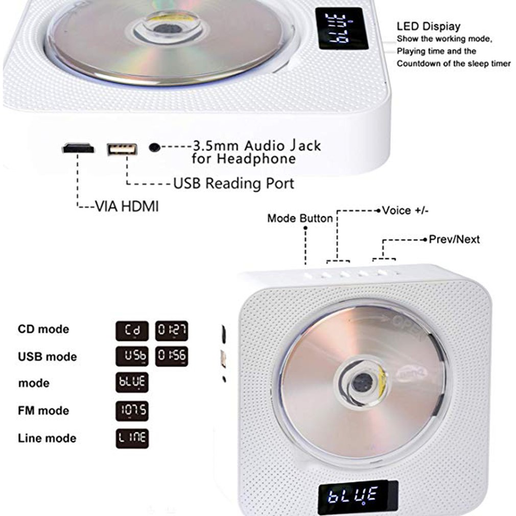Reprodutor de DVD/CD Montado na Parede com Controle Remoto Bluetooth, Rádio FM Estéreo, Música HiFi e Alto-falante Integrado para TV e Casa - Dropshipping