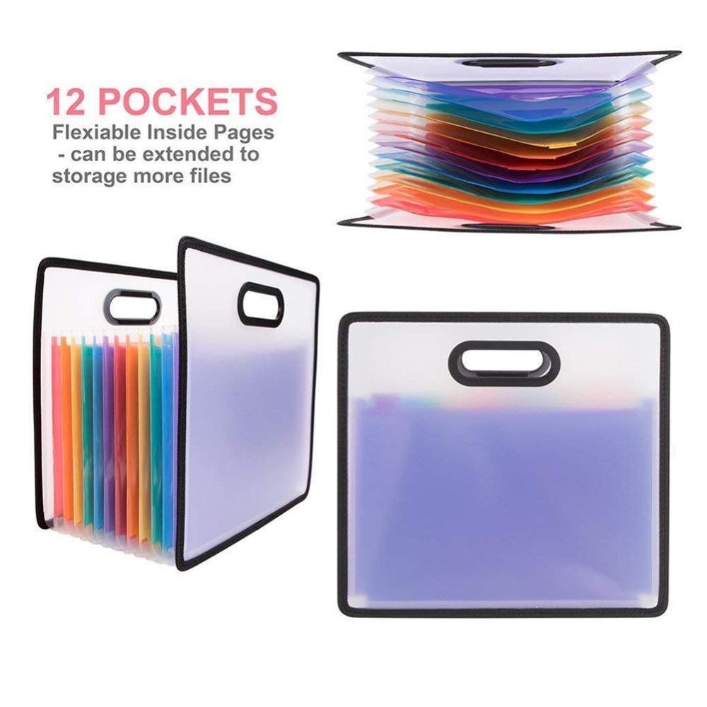 Accordion Expanding File Folder A4 Paper Filing Waterproof document bag 12 Pockets Rainbow Coloured Portable Receipt Organizer