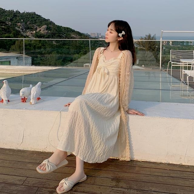 HOUZHOU Night Gown and Robe Sets for Women Cotton Pleated Bow Nightgowns Nightwear Sleep Dress Spring Autumn Nightie Ruffles