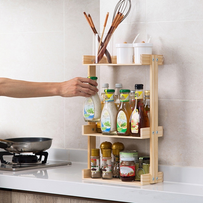 Trä kryddställ kök multifunktions bänkskiva kryddlåda förvaringsställ flerlagers krydda hållare