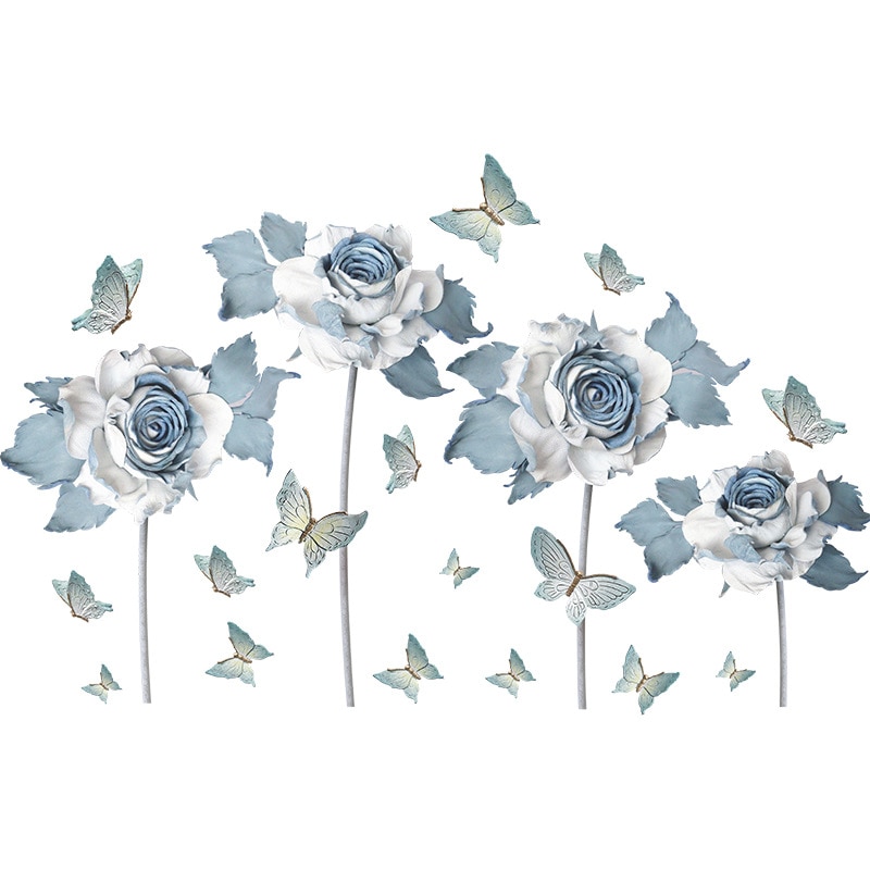 Painted Blue Flower Butterfly Wall Sticker Bedroom Living Room Home Decor Wallpaper Blue Flower Art Self Adhesive Decals Sticker: Default Title