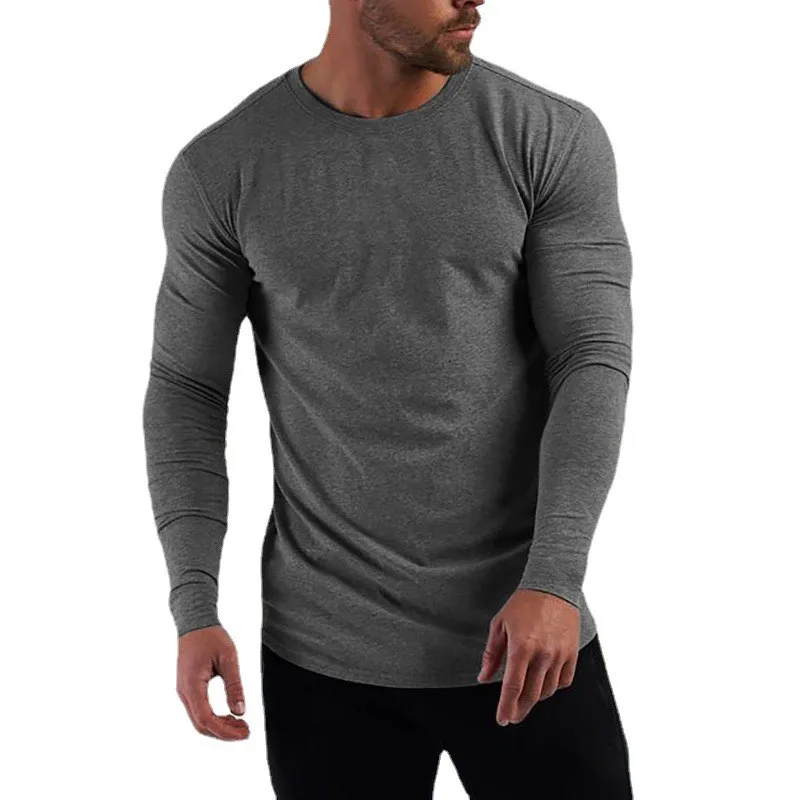 Ensfarvet bomuld åndbart langærmet tøj til fitness fitness bodybuilding sport t-shirts til mænd træning afslappet slim fit efterårsskjorter