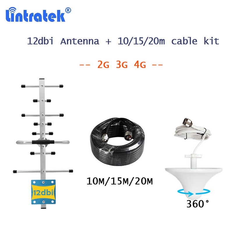 Lintratek 12dbi Outdoor Yagi Antenna+Indoor Ceiling Antenna+10m/15m/20m Cable Accessories Kit for 2g 3g 4g Signal Booster