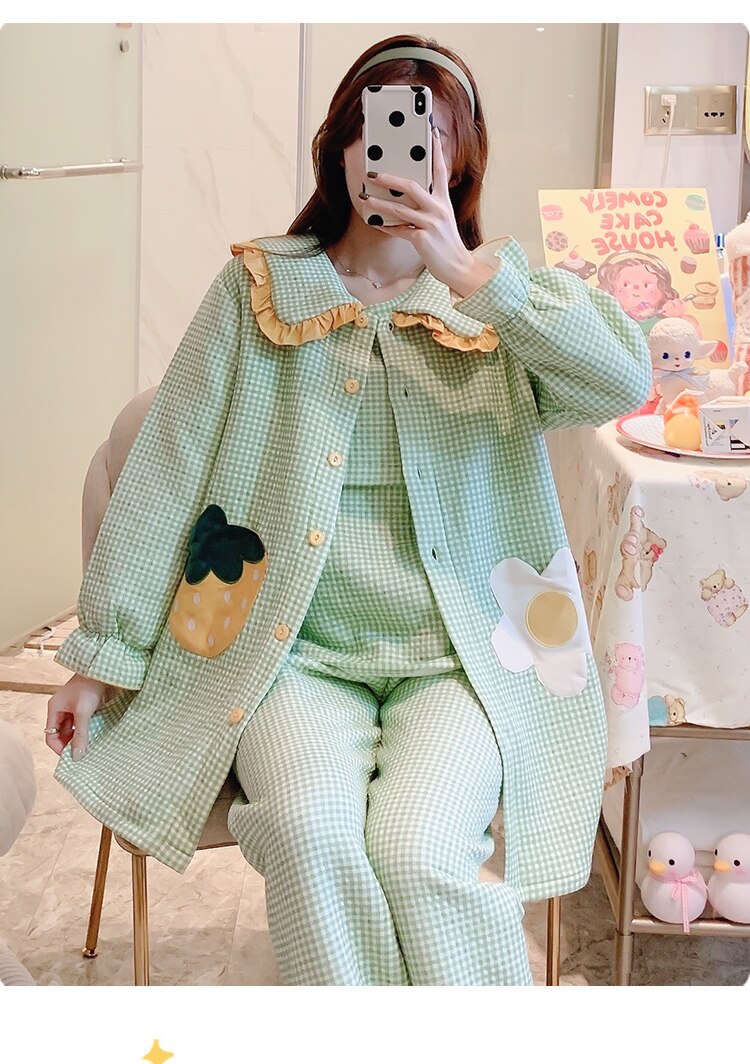 soins infirmiers vêtements de maternité hiver coton pyjamas pour grossesse femmes manteau + veste + pantalon 3 pièces vêtements de nuit de maternité D0050: GREEN / L